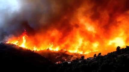 Naklejka premium Intense wildfire raging across a mountainous landscape at dusk.