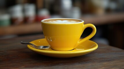 Obraz premium An orange coffee cup with a latte art heart on a saucer with a spoon.