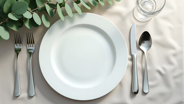 fine dining table setting of luxury fancy restaurant menu, silver cutlery arranged neatly, white tablecloth, greenery decoration, vintage aesthetic