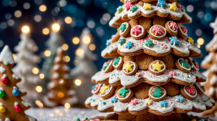 A gingerbread Christmas tree decorated with frosting, colorful candies, and cookie ornaments. Set against a festive bokeh background. Perfect for holiday, dessert, and celebration themes.