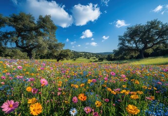 Obraz premium Vibrant Wildflower Meadow under a Bright Blue Sky with Fluffy Clouds Surrounded by Majestic Oak Trees in the Heart of Nature During Spring Season