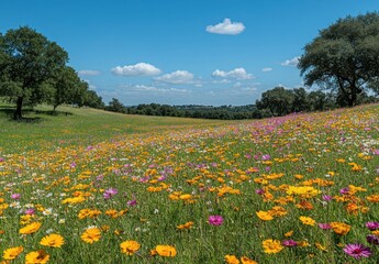 Fototapeta premium Vibrant Wildflower Meadow Under a Bright Blue Sky with Fluffy Clouds and Lush Green Trees, Showcasing Nature's Colorful Beauty in Full Bloom