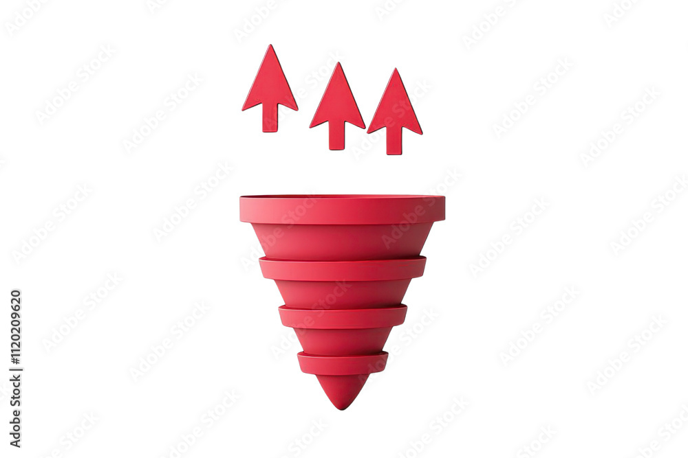 Poster a red funnel shape with three upward-pointing arrows, symbolizing progress or direction.