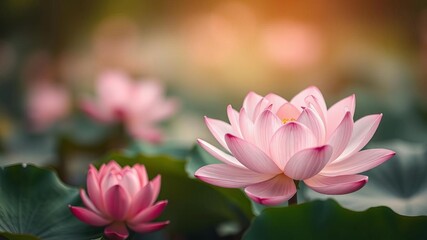 Obraz premium Pink lotus flowers with soft blurred background, perfect for meditation or relaxation, background, lotus