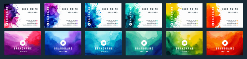 Big set of bright colorful business card template with vector watercolor head silhouette on white background