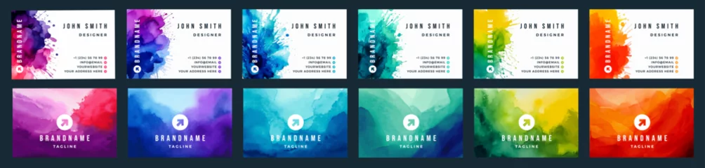 Big set of bright colorful business card template with vector watercolor head silhouette on white background © Eva Kali