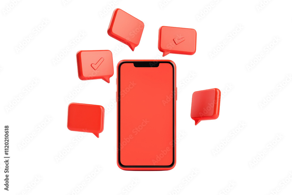 Poster a vibrant red smartphone with floating message bubbles around it, symbolizing communication and conn