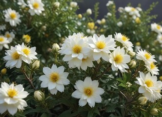 Obraz premium White or yellow flowers in clusters on a thorny shrub, chrysanthemum weed, mugwort