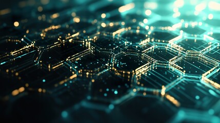 Abstract hexagonal network glowing in teal and gold.