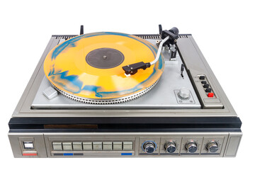 Vintage turntable record player with blue and orange vinyl isolated on white background.