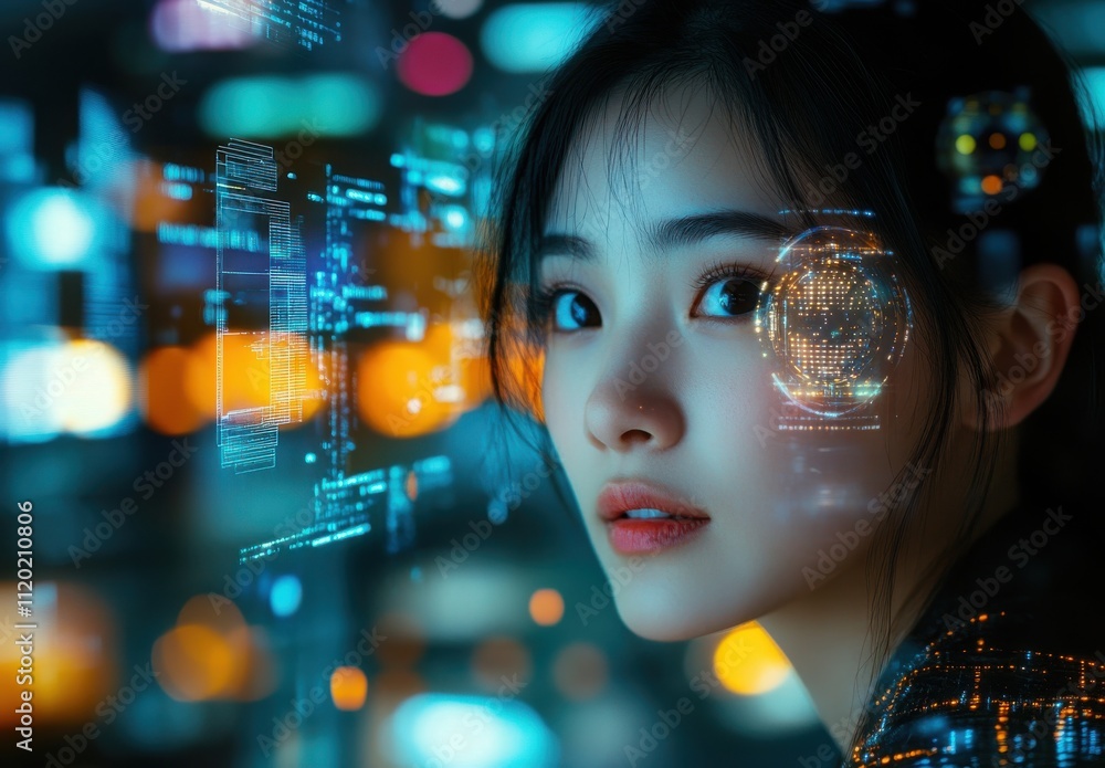 Poster young woman with digital interface background representing technology, data analysis, and futuristic
