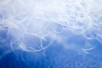 Extreme macro of polyester stable fiber on blue background. Selective focus, shallow depth of field. Abstract dreamy background