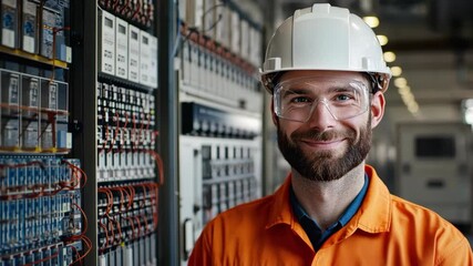 An electrical engineer in a control room, managing and maintaining complex electrical systems and equipment. Ideal for highlighting expertise and the responsibilities in electrical engineering.
