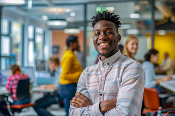 A smiling man standing in an office with his arms crossed