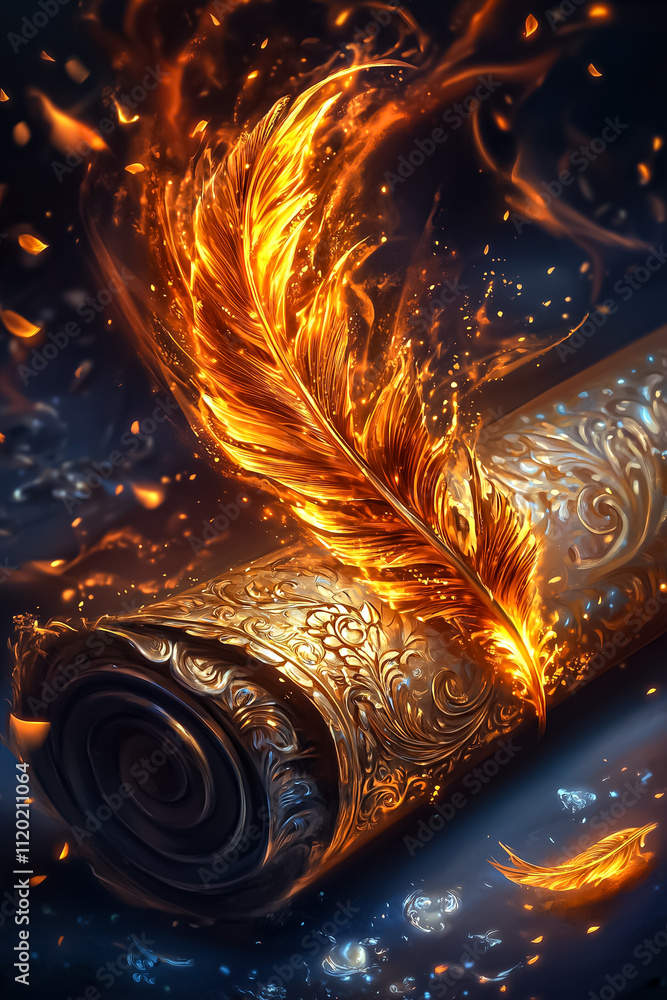 Poster a vibrant feather enveloped in flames floats above an intricately designed scroll, radiating warmth 