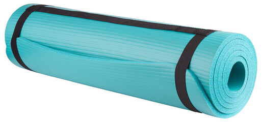 Yoga or training mat. Premium soft solid yoga mat for gym. Mats for fitness enthusiasts. Non-Slip, thicken, durable. Sport goods. Comfortable exercise and workout. Turquoise color. White background