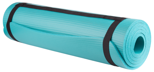 Yoga or training mat. Premium soft solid yoga mat for gym. Mats for fitness enthusiasts. Non-Slip, thicken, durable. Sport goods. Comfortable exercise and workout. Turquoise color. White background