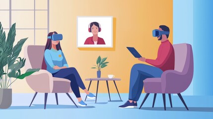 Two individuals engage in virtual reality, seated in modern chairs, with a vibrant background and a portrait on the wall, highlighting technology and connection.