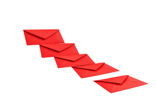 A series of five red envelopes arranged in a diagonal line.