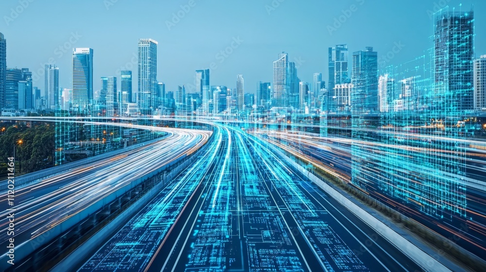 Poster a futuristic cityscape with digital overlays, featuring skyscrapers and glowing lines representing d