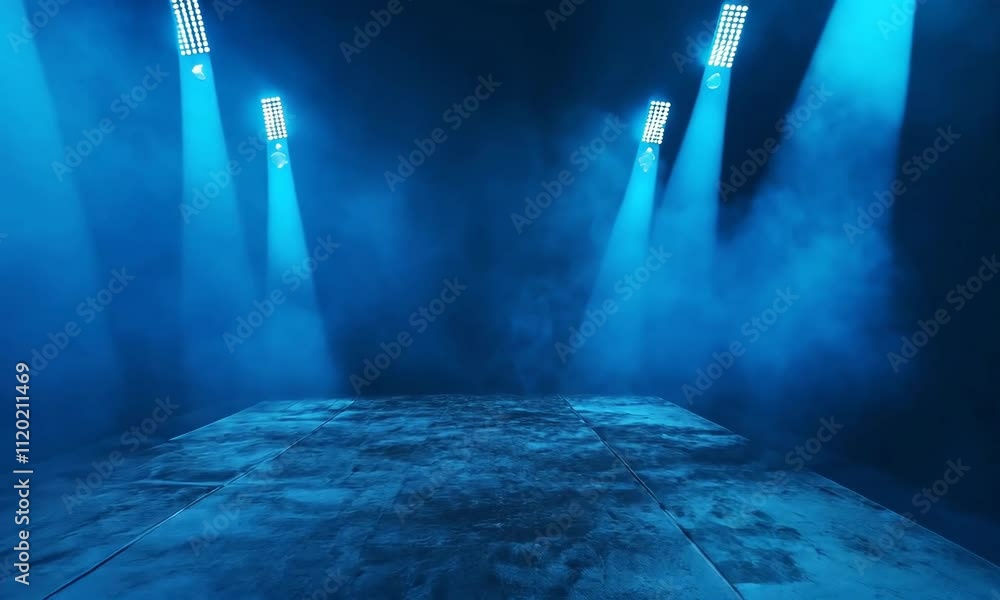 Poster mysterious blue-lit stage shrouded in fog creates an enchanting atmosphere for a captivating perform