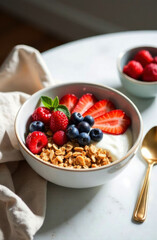 A delicious breakfast bowl featuring yogurt, strawberries, blueberries, raspberries, and crunchy granola at home