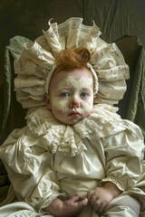 Fototapeta premium A baby dressed as a clown sitting on a chair