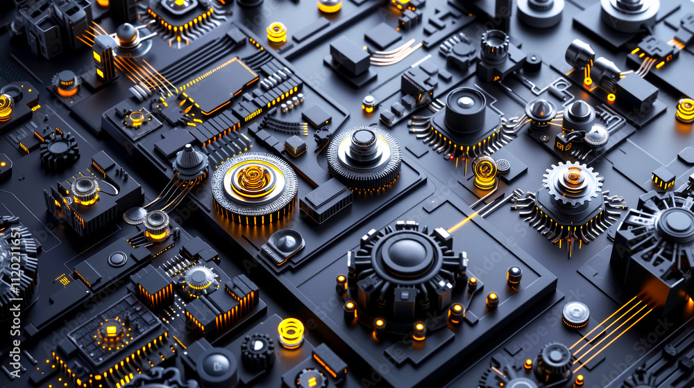 Poster a close up of a circuit board with many electronic components