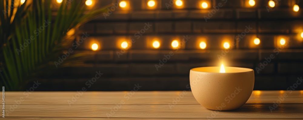 Poster a softly glowing candle sits on a wooden table, surrounded by ambient light from string lights in th