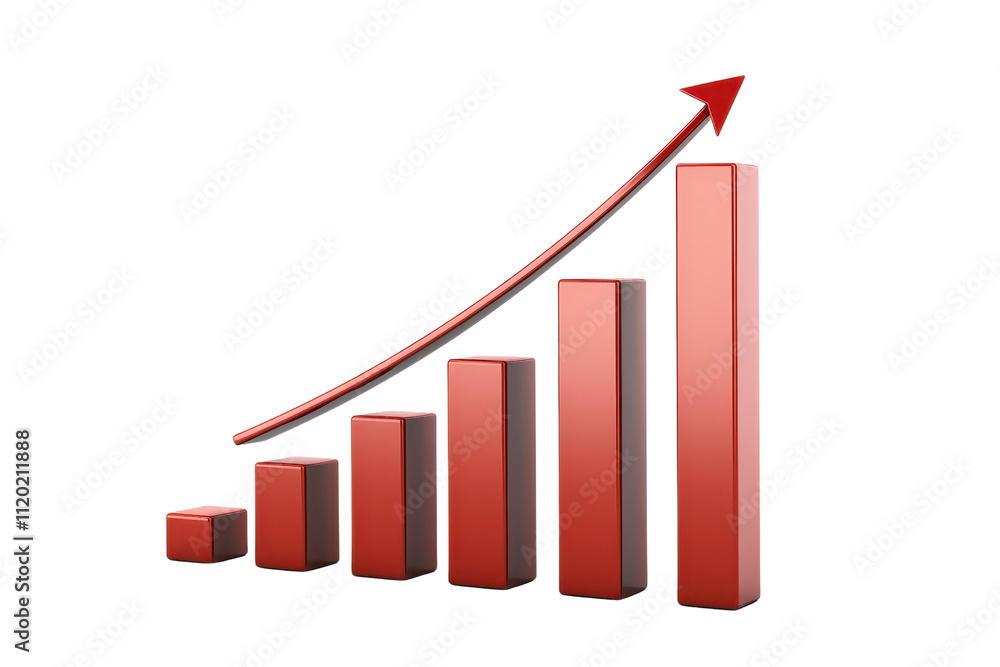 Poster a 3d bar graph in red, showing an upward trend with a rising arrow, representing growth and increase