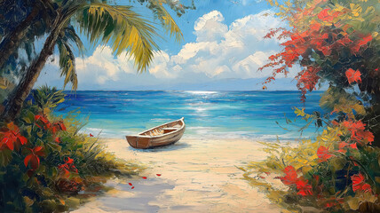 Peaceful Coastal Scene with a Small Boat. A vibrant painting of a tranquil coastal scene.