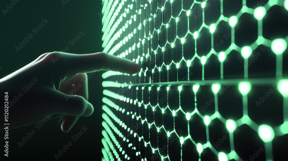 Aufkleber a hand touches a glowing green hexagonal panel, creating a striking visual of technology and interac
