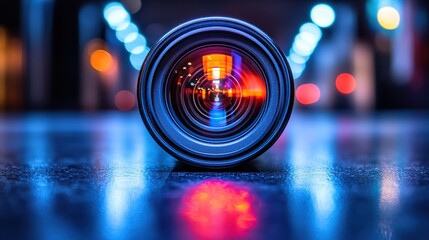Obraz premium A camera lens dark blue and gray sits on a reflective surface with blurred city lights in the background.