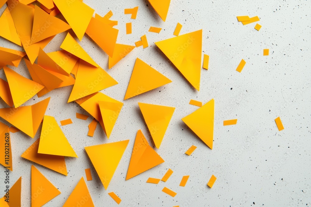 Aufkleber a vibrant collection of scattered yellow paper triangles on a textured white surface, creating a pla