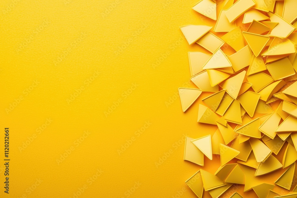 Poster A vibrant arrangement of yellow paper triangles scattered against a solid yellow background, creating a playful and dynamic visual effect.