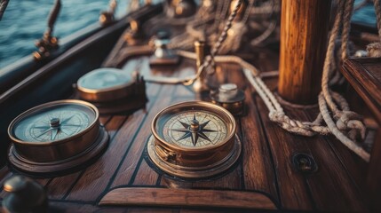 Fototapeta premium Nautical Compass Instruments on Wooden Sailboat Deck at Sunset