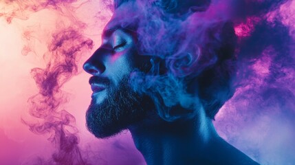 Moody portrait of a man with swirling smoke in neon light