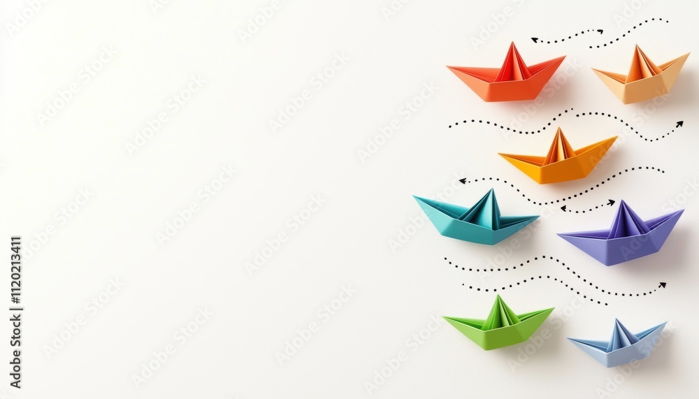 Aufkleber colorful origami boats in various sizes float on a white background, creating a whimsical and playfu
