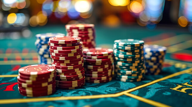 A pile of poker chips sitting on top of a casino table