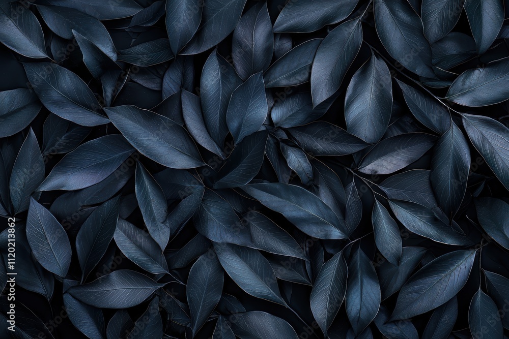 Poster a close-up view of dark, textured leaves arranged densely, creating a moody and serene atmosphere.