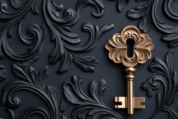 A vintage key rests on an intricate, dark floral background, showcasing elegance and timeless design.