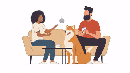 Cheerful young woman playing with an Akita Inu dog near a bearded boyfriend with a cup of coffee sitting on the couch.