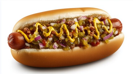 Hot Dog with Onions, Relish, Mustard, and Ketchup Isolated on White