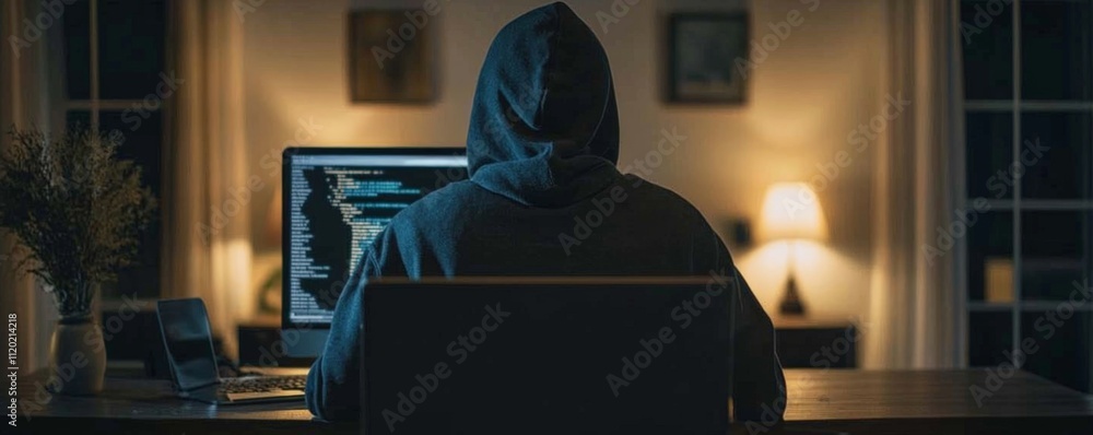 Aufkleber a hooded figure sits at a desk, illuminated by a computer screen in a dimly lit room, suggesting a f