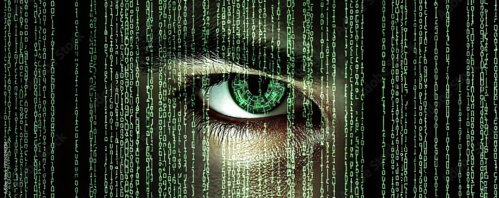 Poster a close-up of an intense green eye set against a backdrop of cascading digital code, evoking themes 