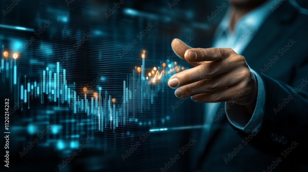 Poster a professional hand gesture suggesting data analysis with digital graphs in the background, symboliz