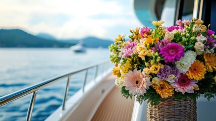 Bouquet of colorful flowers on boat with scenic water view
