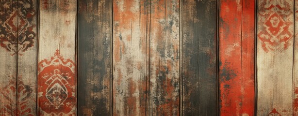 A rustic wooden background featuring distressed planks in shades of red, brown, and black with intricate patterns.