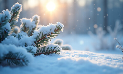 Pristine Snow-Laden Pine Branch in Warm Winter Sunset