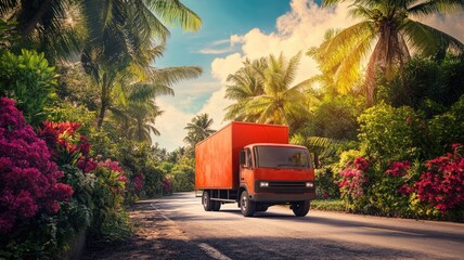 Obraz premium Bright orange delivery truck on tropical, palm-lined road